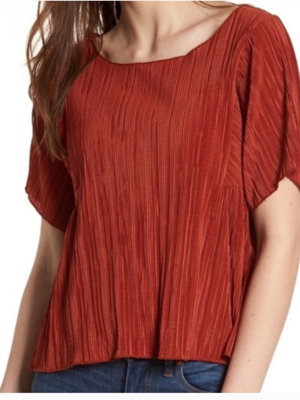 Madewell Burnt Orange Texture Pleated Rusty Flutter Sleeve Top Blouse Size XL